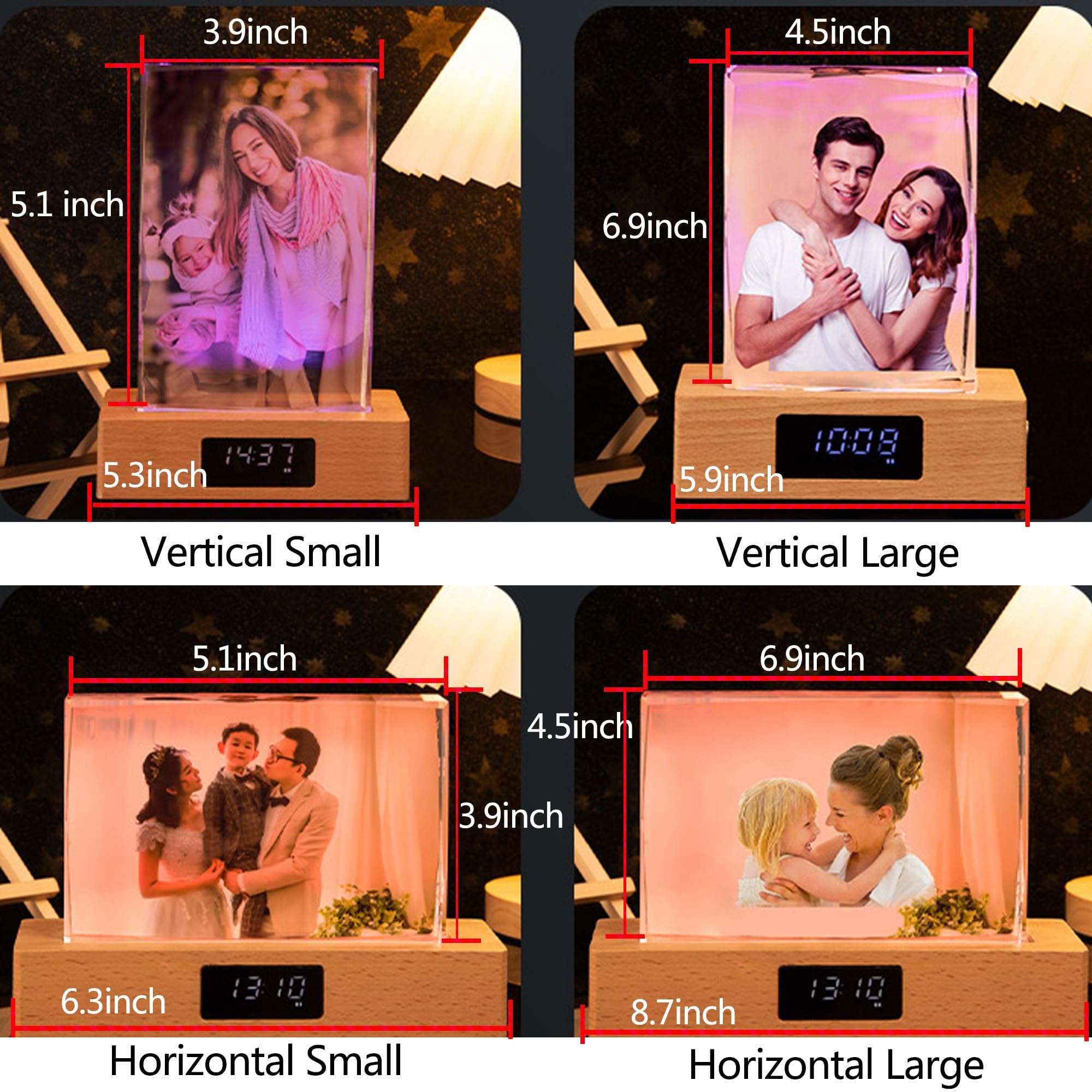 Handimake Customize your images with 3D crystal 7-color LED lights, wooden base, and customized holographic photos etched inside the crystal (Vertical)