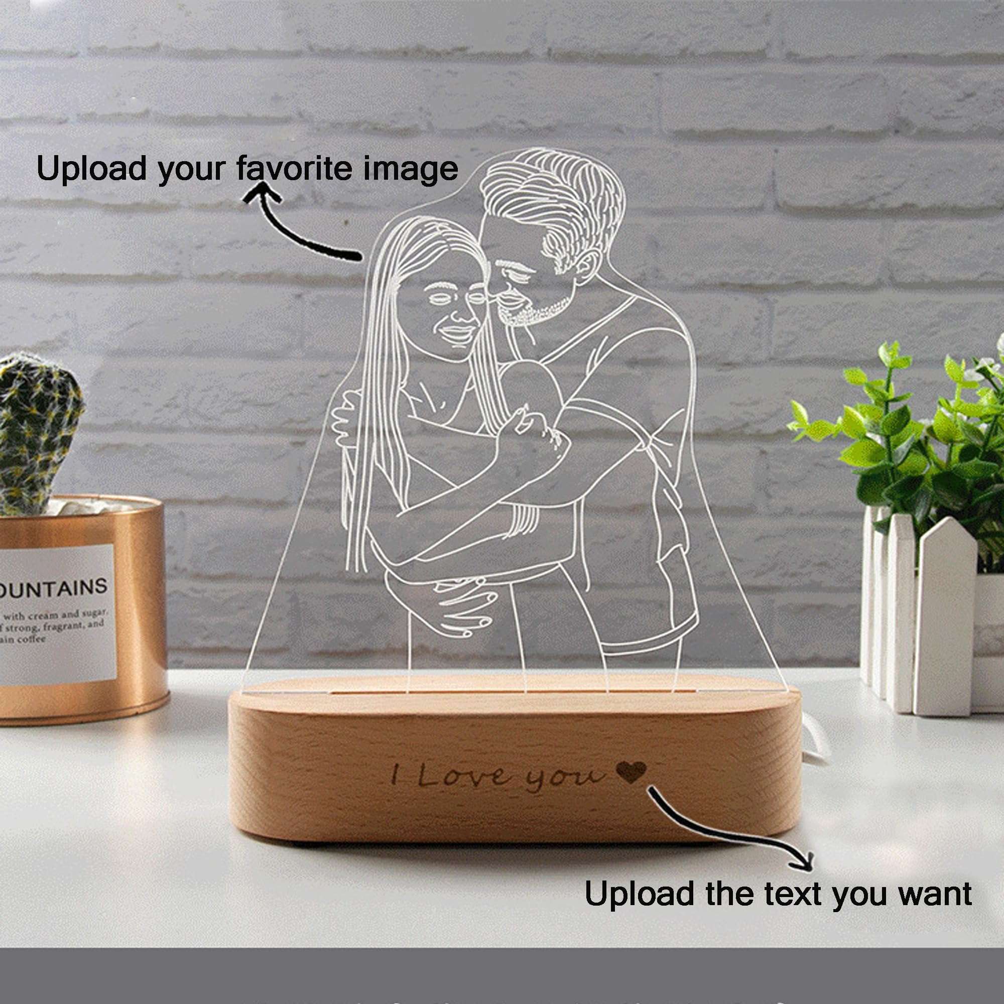 Handimake Customized Romantic 3D Photo Light Acrylic Night Light Handdrawn Line Draft Minimalist Line Art Picture Carving Illuminated Sign Beech Base, Anniversary, Valentine's Day, Birthday Gift
