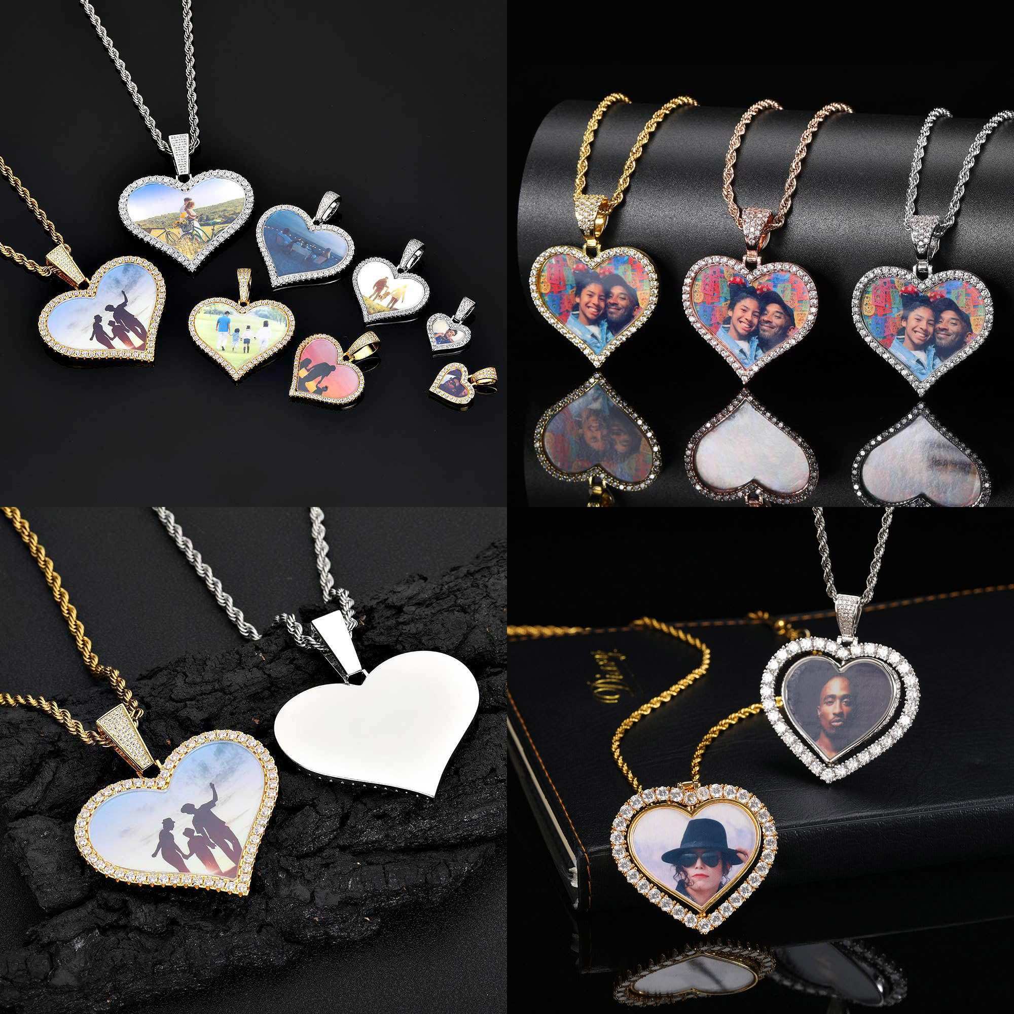 Handimake Customized Image Heart shaped Necklace Hip Hop Jewelry Love Photo Pendant Zircon Personalized Necklace Customized Name Men's Gift Pendant Necklace
