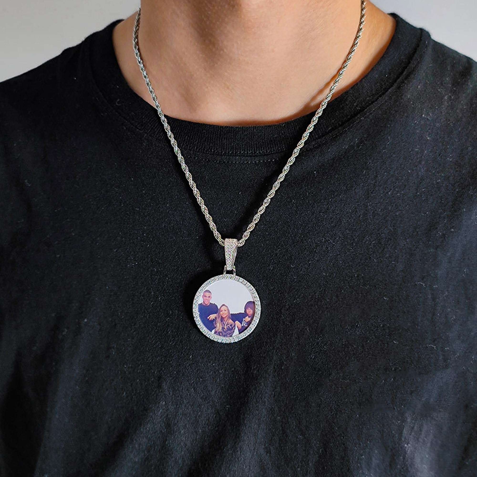 Handimake Customized Photo Necklace Customized Necklace for Men and Women Personalized Necklace Silver Round Jewelry Gift for European and American Fashion Boys Gift (Sterling Silver)