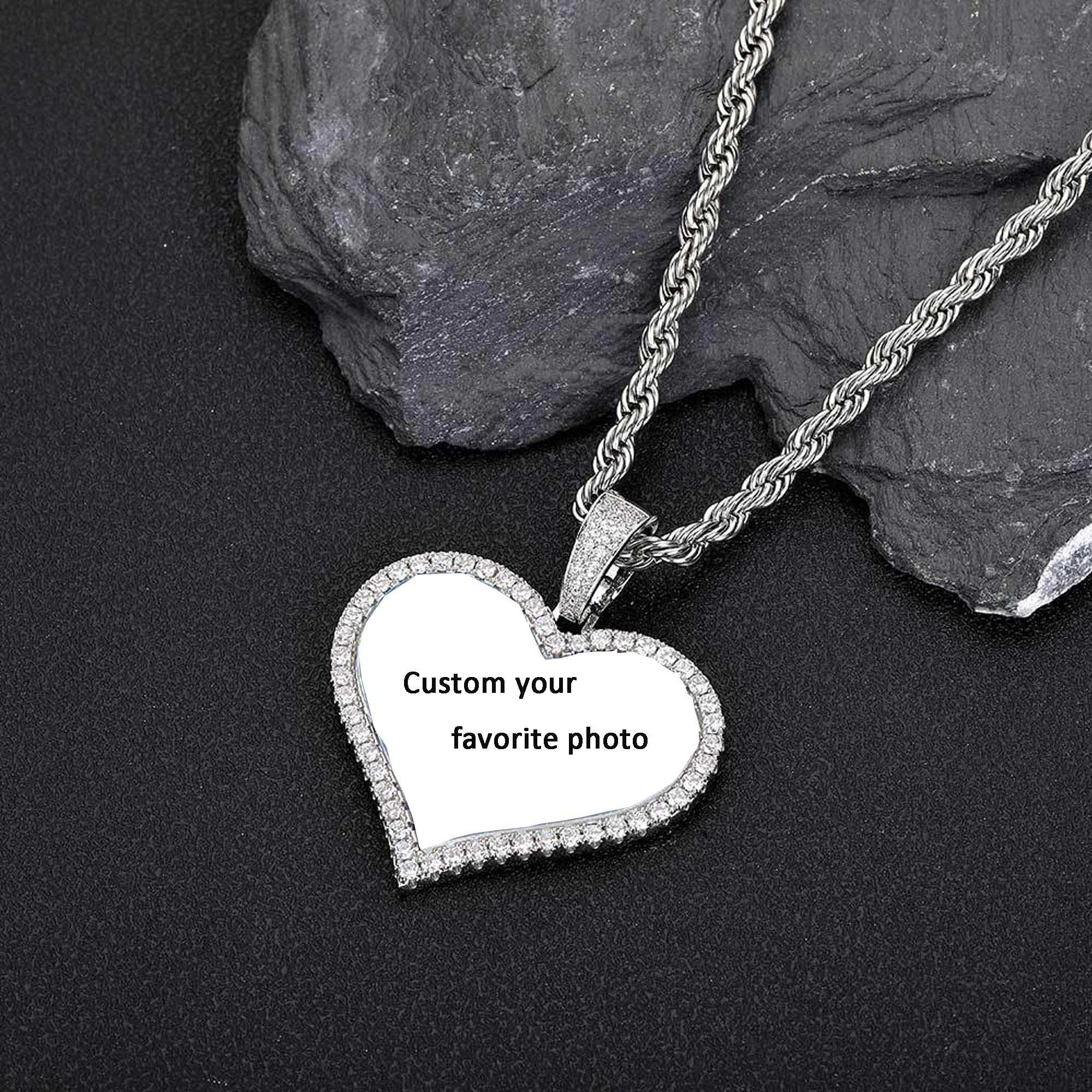 Handimake Customized Image Heart shaped Necklace Hip Hop Jewelry Love Photo Pendant Zircon Personalized Necklace Customized Name Men's Gift Pendant Necklace
